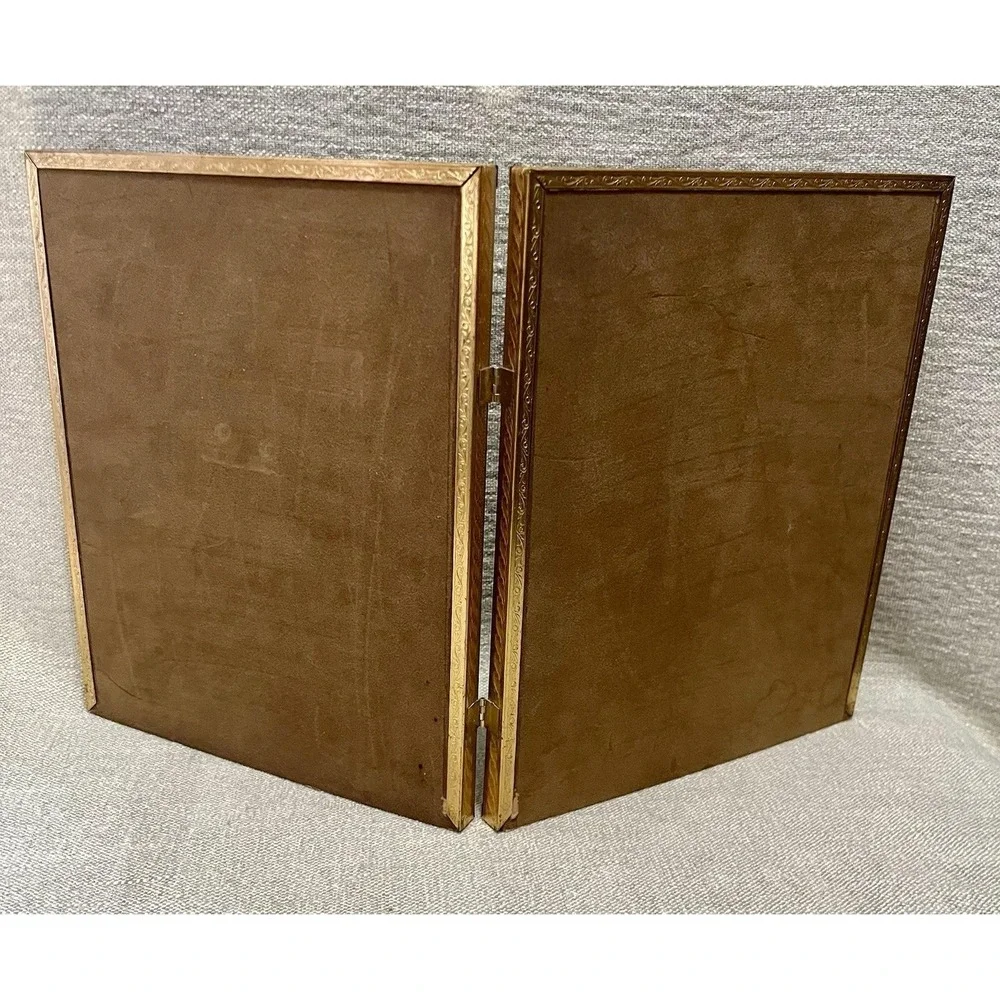 Vintage Gold Double Folding Picture Frame 8x10 Hinged Embossed Metal Tabletop